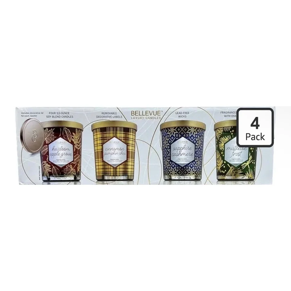 Bellevue Luxury Candles 4 Pack Soy Blend 12oz Heirloom Apple Pumpkin Mistletoe